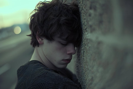 Portrait of a young man leaning against a wall in an urban environmentの素材
