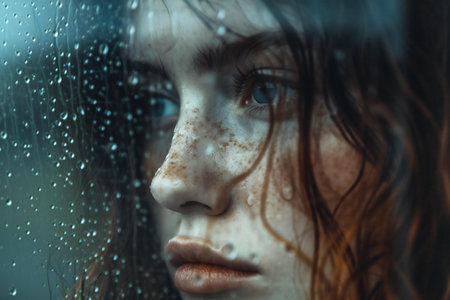 Close-up portrait of sad young woman looking through wet window.の素材