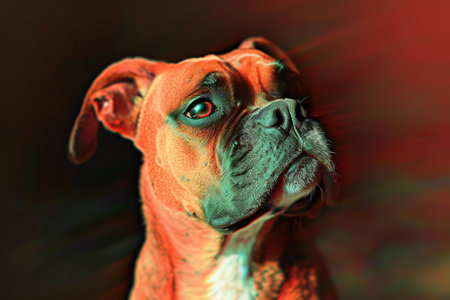boxer dog portrait on a black background with red light and shadowの素材