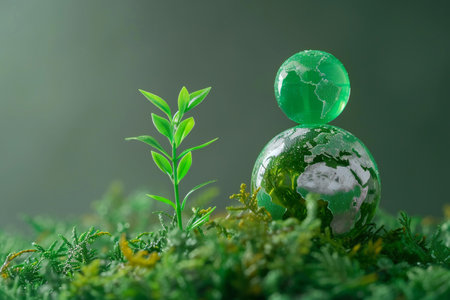 Globe and plant on green moss background, save the world conceptの素材