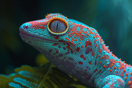 Close-up of a colorful chameleon on a green leafの素材