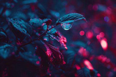Water droplets on the leaves of plants in the garden at night.の素材