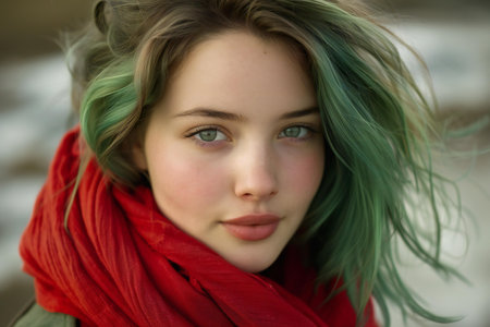 Close-up portrait of a beautiful young girl with green hair and red scarfの素材