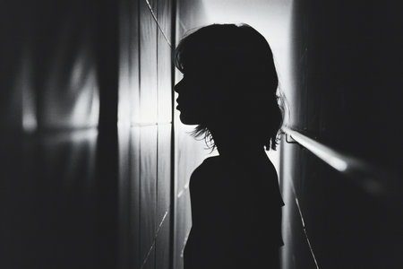 Silhouette of a girl in a dark room, black and whiteの素材