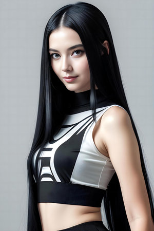 Beautiful asian woman with long black hair and sportswearの素材