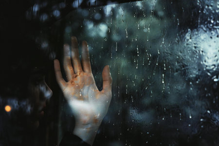 Hands of man behind the glass with raindrops on the windowの素材