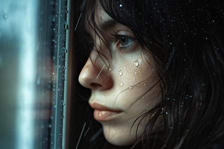 Portrait of a young woman looking through the window in the rainの素材