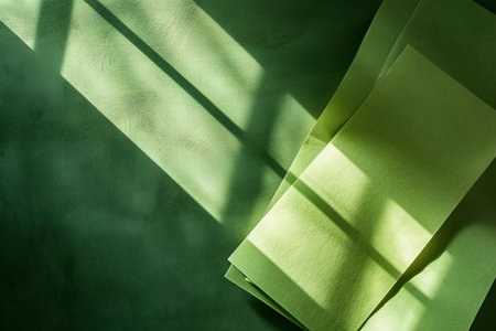 Green sheets of paper on a green background with shadows from the windowの素材