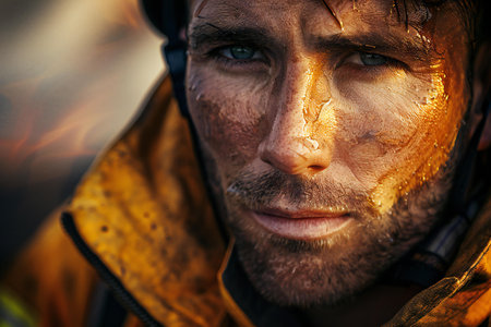 Close-up portrait of a coal miner on the background of fire.の素材