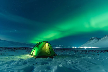 Aurora borealis with tent on the snow in Iceland.の素材