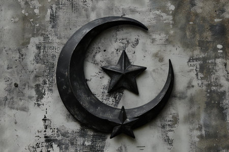 Black crescent moon and star on the concrete wall. Symbol of Islam.の素材