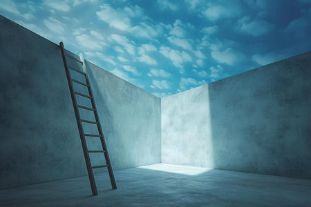 Ladder in empty room with blue sky and clouds,の素材