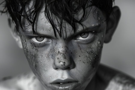 Black and white portrait of a young man with blood on his faceの素材