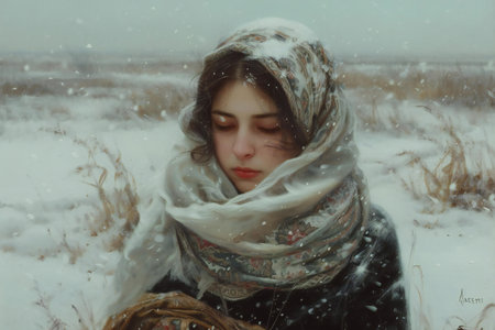 Portrait of a young beautiful girl in a scarf on the background of snowの素材