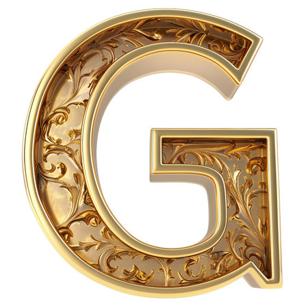 Golden capital letter G with ornament on white background.の素材