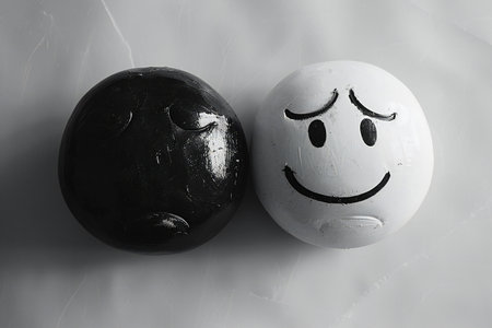 Happy and sad face on black and white marble background with copy spaceの素材