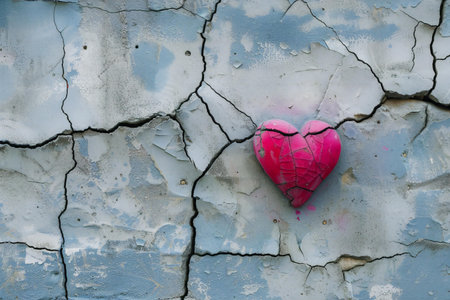 Broken heart on a cracked wall. Conceptual image of loveの素材