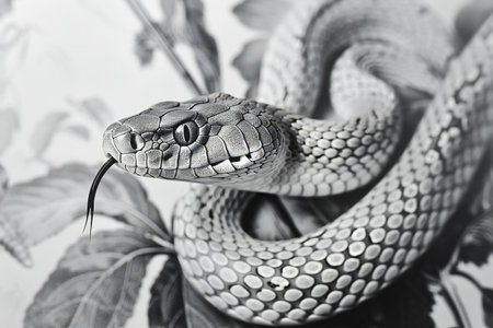 Black and white image of a snake on a background of flowers.の素材