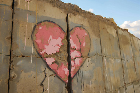 Broken heart on the wall of an old abandoned building. The concept of love and romance.の素材
