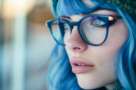 Close up portrait of a beautiful young woman with blue hair and glassesの素材
