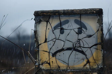 Abandoned road sign on a rural road in wintertime.の素材