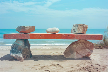 Wooden bench on the beach with sea and blue sky background.の素材