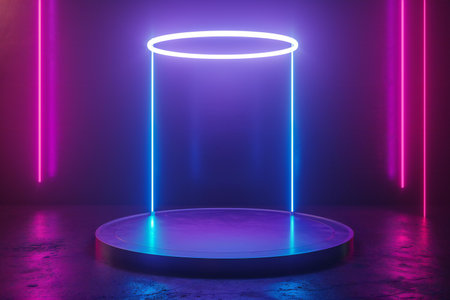 Podium, pedestal or platform illuminated by neon lights.の素材