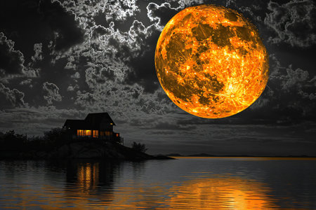 Fantasy landscape with a house in the sea and the full moonの素材