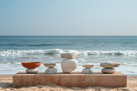 Balanced stones on the beach and sea in the background. Concept of balance and harmony.の素材
