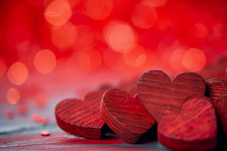 Valentines day background with wooden hearts on red bokeh backgroundの素材