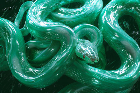 Close up of green snake in the darkness.の素材