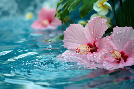Beautiful pink hibiscus flowers and water drops on blue backgroundの素材