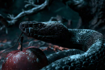 Black cobra snake eating an apple on a dark background. Halloween concept.の素材