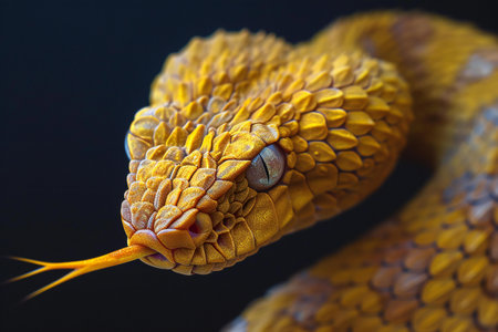 Close up of a golden snake head on a black background, macroの素材