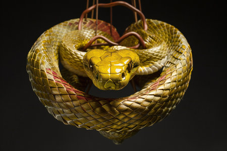 Golden snake hanging on a rope on a black background. Studio shot.の素材