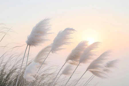 Pampas grass in the sunset light, soft focus background.の素材