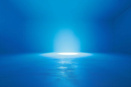 abstract scene with blue light and reflections on wet floor in empty roomの素材