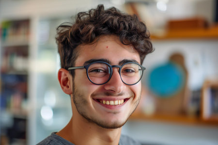 Portrait of a handsome young man with glasses smiling at the cameraの素材