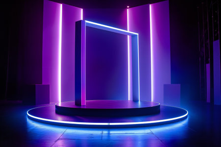 abstract background, neon light, round podium, neon light, ultraviolet lightの素材