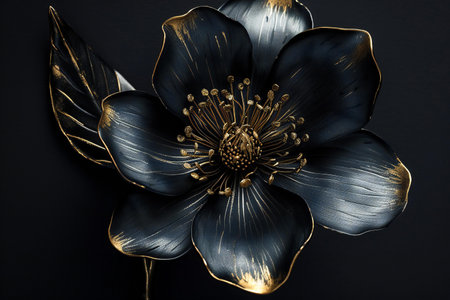 Black flower on a black background. Black and gold petals.の素材