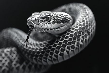 Close-up of a black and white snake on a black backgroundの素材