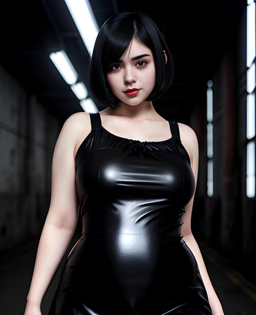 Beautiful asian woman in a black latex costume. Fashion shot.の素材