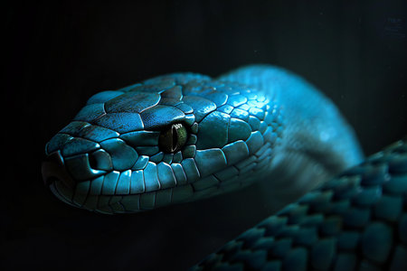 Close-up of the head of a blue snake on a dark backgroundの素材