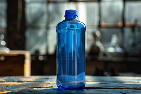 Blue plastic bottle on a wooden table in the kitchen at home.の素材