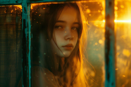 Portrait of a beautiful young girl in the rays of the setting sun.の素材