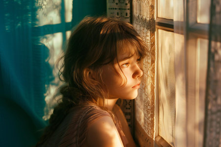 portrait of a girl in the window in the rays of sunlightの素材