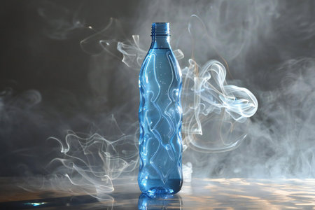 Plastic bottle of water on wooden table with smoke on dark backgroundの素材