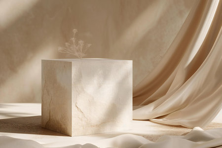 White marble podium on beige fabric background.の素材