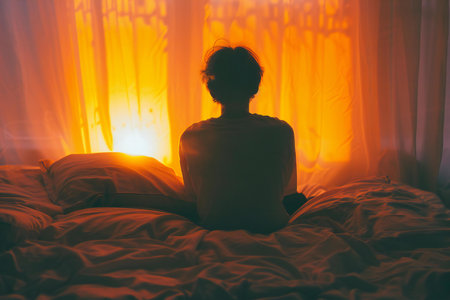 Silhouette of young woman sitting on the bed in the morning.の素材