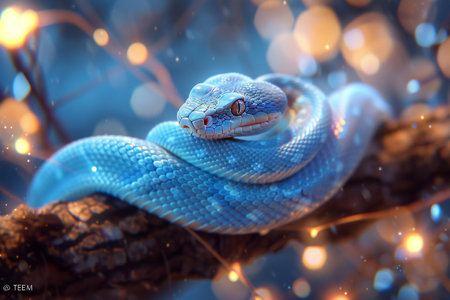 Close-up of a blue snake on a branch with bokeh backgroundの素材